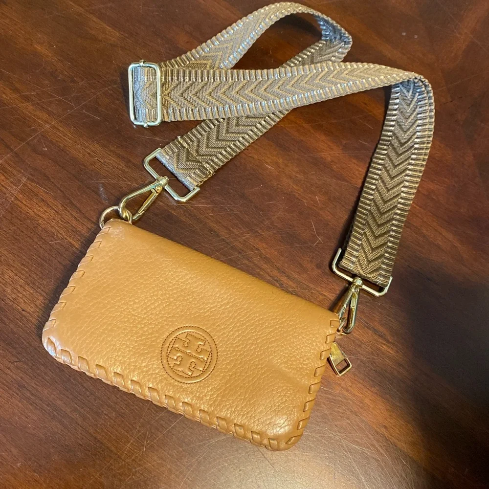 Tory Burch Caramel Tan Leather Crossbody with Patterned Strap